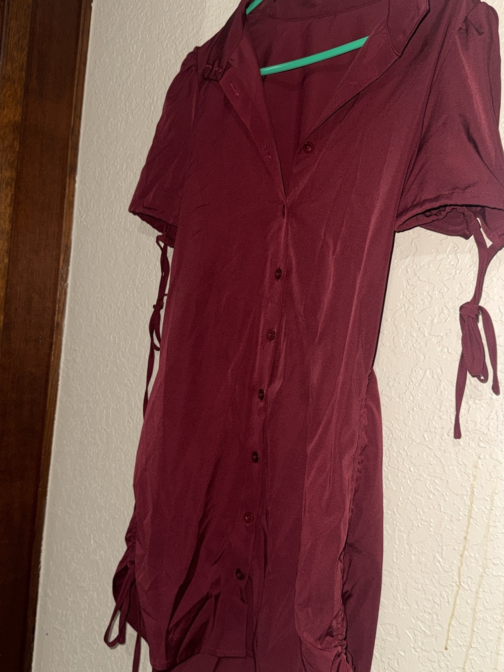 Women's Maroon Button-Front Short Sleeve Shirt Dress - Picture 5 of 9